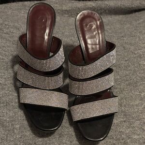 STAUD Black Mules with Glittering Silver Straps